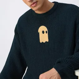 the souled store Ocean Haze Men and Boys Long Sleeves Round Neck Blue Embroidered Patch Acrylic Oversized Pullovers image 2