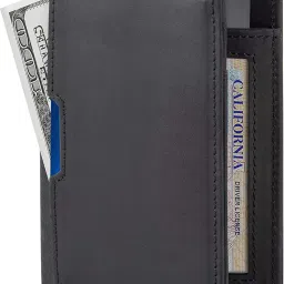 contacts Wallets for Men Slim Mens Genuine Leather RFID Blocking Minimalist Card Front Pocket Bifold Card Holder Wallet with Smart Pull Strap | Folded Currency Slot (Black) image 1