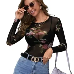 youngglam Womens Floral Printed Mesh Febric Top image 1