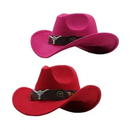 myaddiction 2pcs Cowgirl Hat Breathable Casual Cowboy Hat for Women Men Pink Red image 5