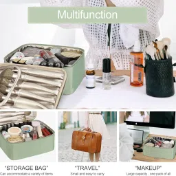 WEMOL Polyester Travel Fashion Cosmetic Organizer Bag with Detachable Pouch, Super Soft Makeup Organiser Bag for Brushes, Toiletries, Cosmetics Items for Women (Green) image 2