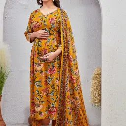 sky fab Women Viscose Rayon Anarkali Maternity and Nursing Kurta Set with Dupatta - Brown Floral and Geometric Pattern, 3/4 Sleeves, Comfortable Fit image 5