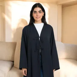 musheco Shrug Like Abaya in Firdaus Fabric Without Buttons | Ribbons to Tie and Close |Side Pockets | Wide Sleeves and Complementary Hijab (MNC-035-Black) image 2