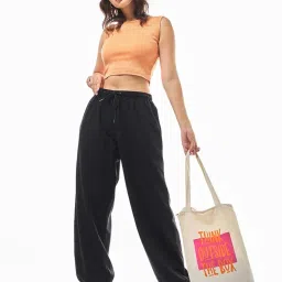 bewakoof Air 1.0 Women's Solid Super Loose Fit Poly Cotton Joggers| Trackpants | Lightweight & Flexible Elastic Waist with Drawstring | Relaxed Casual Joggers | Side Pockets image 4