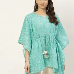 fabric fitoor Women's Cotton Blue & White Color Bandhej Print Waist tie ups Kimono Sleeves Kaftan Top image 1