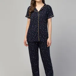 Women's Burgundy Floral Print Cotton Night Suit, Short Sleeve Button-Down Pyjama Set (Navy Blue STR, Extra Large) image 1