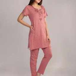 duchess Women's Cotton Printed & Embroided Long Length Night Suit Set image 4