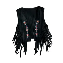ujeavette 70S Suede Fringe Jacket Home Cowgirl Western Outfit Women Fringe Vest Black image 2