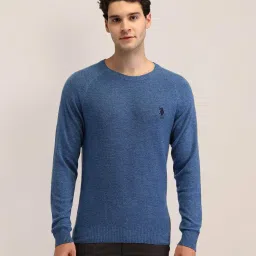 u.s. polo assn. Men's Blue Textured Crew Neck Long Sleeve Casual Wool Regular Fit Pullover Sweater image 5