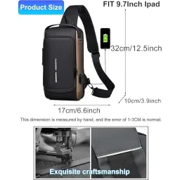 SKYTONE Anti Theft Unisex Waterproof Side Bag, USB Charging port Shoulder Backpack With Multifunctional Use for Travel, Hiking, Camping, Daily Out (Black & Golden Side Bag) image 1