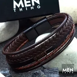 the men thing Leather Bracelet for Men - American Style Brown Genuine Leather Multi-Layer Braided Bracelet with 100% Stainless Steel Magnetic Buckle for Men & Boys image 3