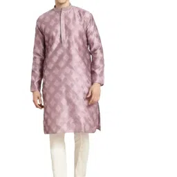 sojanya (Since 1958 Men's Jacquard Silk Dark Green Self Design Kurta & Off White Churidar Pyjama Set image 1