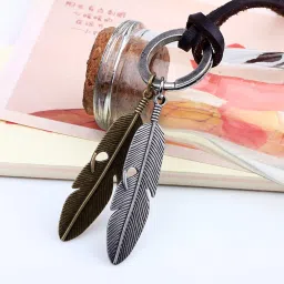young & forever Gift Boys Opera Length Brown Leather Chain Antique Gold Silver Feather Charm Necklace image 2