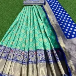 renvaani fashion Women's Indian Traditional Unstitched Kanjivaram Silk Pure Zari Weaving Lehenga Choli Along With Dupatta Attach With Unstitch Blouse Piece, Half Saree (HT045 FIROZI ROYAL MOR) image 2