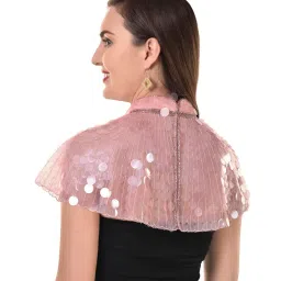Elegant High Neck Sequined Capelet, Pink Mesh Pleated Shrug, Evening Party Formal Wear, Black Crop Top (IN, Alpha, Free Size, Regular, Baby Pink) image 4
