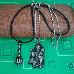 m men style Hindu Lord Bajrangbali Hanuman idol Monkey God Of Devotion Ball Chain With Gada Bronze And Grey Zinc Metal And Cotton Dori Pendant Necklace For Men And Women SPn2022807 image 2