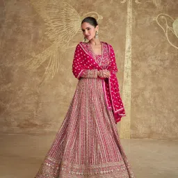 miss ethnik Women's Pink Chinon Stitched Gown with Dupatta Full Sleeve Embroidered Anarkali Gown (ME-1275) image 3