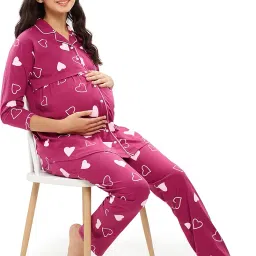 zeyo Women's Cotton Heart Printed Maternity & Feeding Night Suit Set Of Top & Pajama Set Nursing Night Dress 5634 image 2