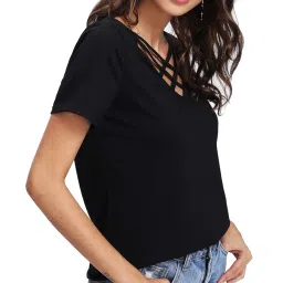 fabricorn Plain Stylish Mustard Yellow Cross V-Neck Cotton Tshirt for Women image 3