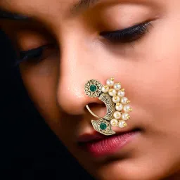 vfj vighnaharta fashion jewellery Vighnaharta Gold Plated stone Pearls (Moti) Maharashtrian Cultural Nath Nathiya./ Nose Pin for women[VFJ1306NTH-PRESS] image 1