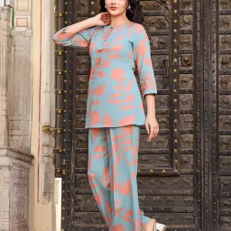 vibe vision 2-Piece Women's Co-ords Set - Viscose Rayon Round Neck 3/4 Sleeve Regular Fit Casual Shirt & Trousers Printed Design image 3