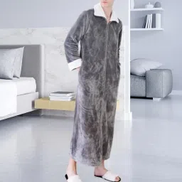 the style sutra Wearable Blanket Sweatshirt Long Zipper Front Nightgown Thick Onesie Pajamas Men Light Grey White XL image 5