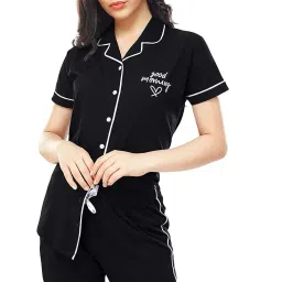 zeyo Women's Cotton Solid Plain Night Suit Set Of Shirt & Pajamas 5238 image 1