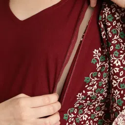 secret wish Women Maroon Cotton Maternity Feeding Kaftan.., Maxi image 3