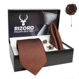 rizoro Mens Plaid Dotted Silk Necktie Gift Set With Pocket Square Cufflinks & Brooch Pin Formal Tie With Leatherite Box (A10RX Free Size) | (Leather Gift Box) (Pack of 4) image 1