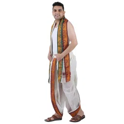 prakasam cotton Men's Panchakacham (Ready to wear) dhoti towel set with pocket- free size. (Half White-2) image 1
