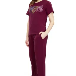 zeyo Women's Cotton Typography Wide Bottom Night Suit Set Of Top & Pajama Set image 3