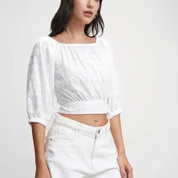 tokyo talkies Women's Embroidered Crop Top | 3/4 Puff Sleeves & Chic Detailing for A Trendy Look | Tops for Woman | Women Tops | Women Crop Top image 3