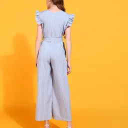 masalli fashion Women's Jumpsuit (Light Blue Stripe Printed Crepe Long Jumpsuit with Ruffled Sleeves & Waist Belt) image 1