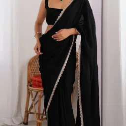 shopaz Ready To Wear Saree For Women Black Georgette One Minute Readymade Scalloped Border Lace With Unstitched Blouse image 1
