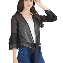 aol Women Front tie-up Lightweight Waist Length Georgette Shrug/Jacket with Layered Sleeves image 3