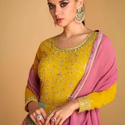 shampysky Women's Yellow Faux Georgette Stitched Top with Dupatta Full Sleeve Embroidered Anarkali Gown (SSW-1183-Yellow) image 3