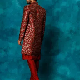 vastramay Rayon Men's Red Viscose Sherwani Set image 3