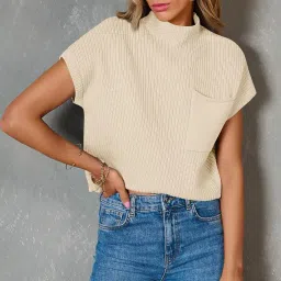 fensir Women’s Cotton Sweater Vest with Batwing Sleeves & Pocket | Half-High Collar Pullover Sweater image 4