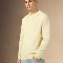 dennis lingo Men Off White Solid Slim Fit Full Sleeve Polo Pullover image 2