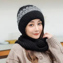 topibaaz Women's Knitted Hat Winter Plush Velvet Warm Woolen Cap Neck Scarf | Twist Color Fuzzy Slouchy Beanie Monkey Cap with Muffler for Ski Hiking Outdoor Girls & Ladies image 4