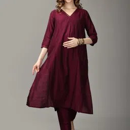 the mom store Maternity Nursing and Feeding Kurta Set | Nursing Zippers | Pre and Post Pregnancy | Raw Silk | Kurta Pant Set | Solid | image 2