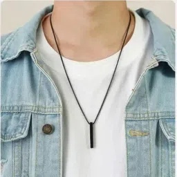 limine jewels Men’s Jewelry 3D Vertical Bar Pendant Necklace – Stainless Steel Silver & Black Cuboid Stick Locket Chain for Boys & Men – Unisex Birthday, Anniversary, Love Gift (Pack of 2) image 2