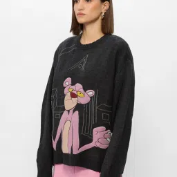 the souled store Pink Panther: Unbothered Women and Girls Long Sleeves Round Neck Black Graphic Printed Acrylic Oversized Sweaters image 2