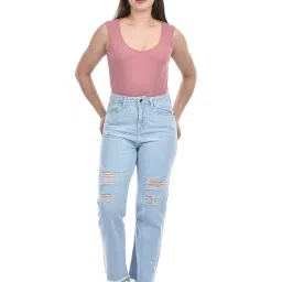 oneway ONE WAY Women Ribbed Cotton Bodysuit | Scoop Neck Sleeveless Bodysuits | Stylish T-Shirt Tops for Women | Snap Button Closure | Bodysuit Tops for women image 1