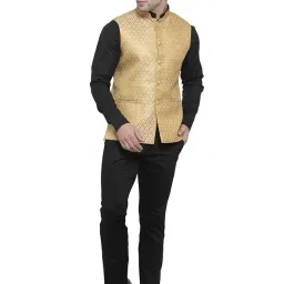 wintage Men's Banarsi Rayon Cotton Bandhgala Festive Nehru Modi Jacket Waistcoat : Gold, X-Small image 4
