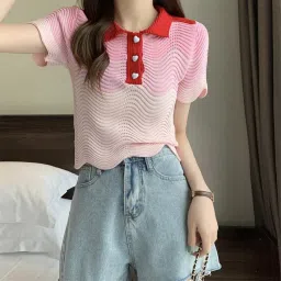 icw Women's Knitted Ribbed Half Sleeve Wave Striped Polo Neck Collar Crop Top T-Shirt DN8 image 4