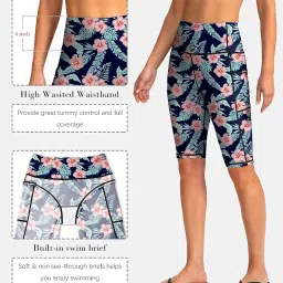 santiny Women's High Waisted Swim Shorts with Pockets UPF50+ Long Board Swimming Shorts for Women with Liner, Navy flower, Large image 4