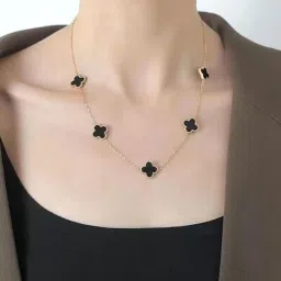 okos Elegant Gold Plated Black Clover Necklace for Women - Luxury Designer-Inspired Pendant Chain with Four-Leaf Motif | Fashion Statement Jewelry for Party, Wedding, Gift | Trendy Long Necklace for Girls image 5