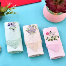 ssoshhub Embroidered 100% Cotton Handkerchiefs| Cutwork Soft Organic Cotton Hankies for Woman,Girls & Wicking Sweat from Hands,Face,Set of 3 image 3