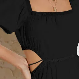 aahwan Solid Summer Beach Square Neck Puff Sleeve Cut Out Waist Mini Dress For Women's & Girls image 2